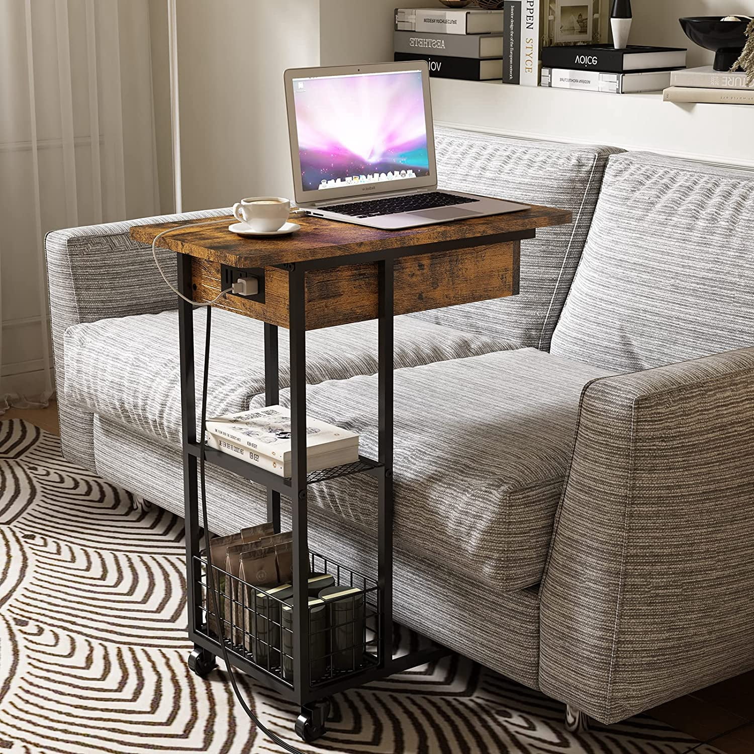 Oumilen Western Home Side Flip Top C Shaped End Table with Build-In Fast Charging Station with USB Ports, in Rustic Burnt Wood
