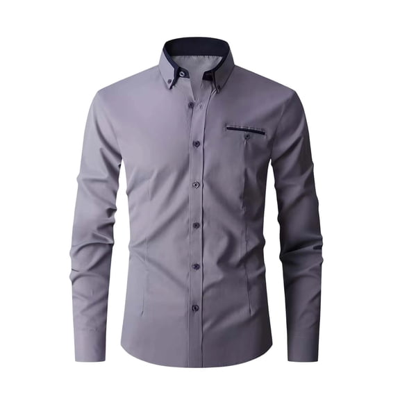 Wyobmus Men's Plus Size Dress Shirt Plain Long Sleeve Contrast Collar Business Shirt Loose Fit Button Down Affairs Tops with Pocket L-5XL Gray