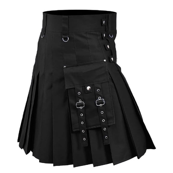 HOWPAY Utility Kilt for Men Scottish Traditional Highland Solid Color Pleated Buckle Straps Kilts with Cargo Pockets Tactical Gothic Skirt Black XXXL