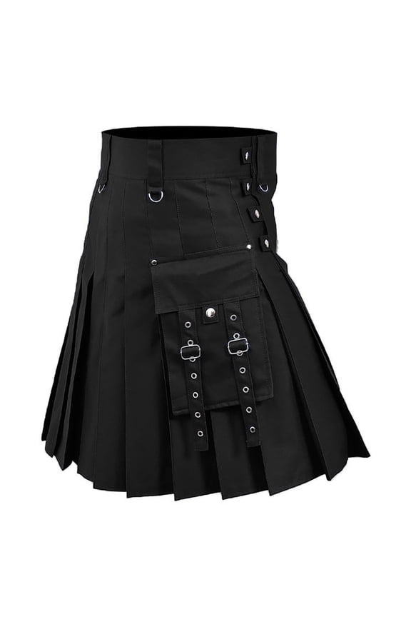 Utility Kilt for Men Scottish Traditional Highland Solid Color Pleated Buckle Straps Kilts with Cargo Pockets Tactical Gothic Skirt Black M