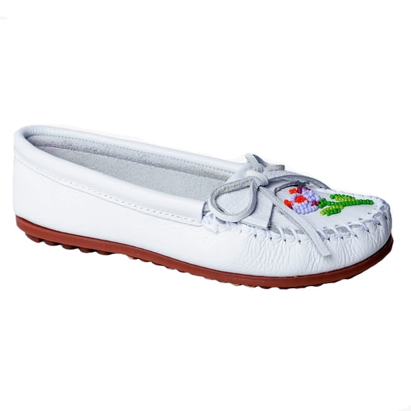 Minnetonka x Lucie Skjefte Women's Ziigwan Waabigwan Moccasin, White, Size 6