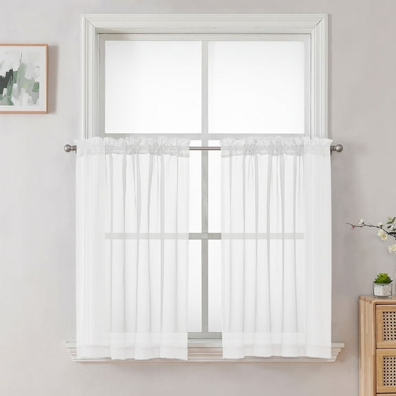 OVZME White Window Sheer Curtain Tiers 36 Inch Length Set of 2, Dual Rod Pocket Short Voile Curtians for Small Window Bathroom Cafe Living Room Farmhouse, 2PCS 42W x 36L inches, White