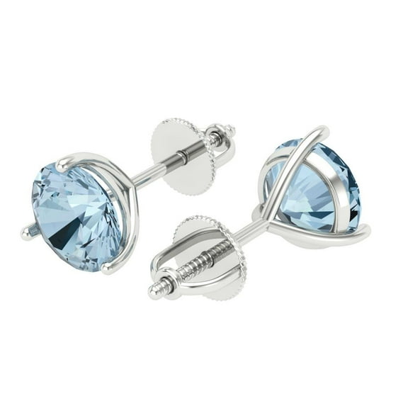 4 Ct Round Cut Studs Blue Crystal 14K White Solid Gold Everyday Dainty Earrings Screw Back