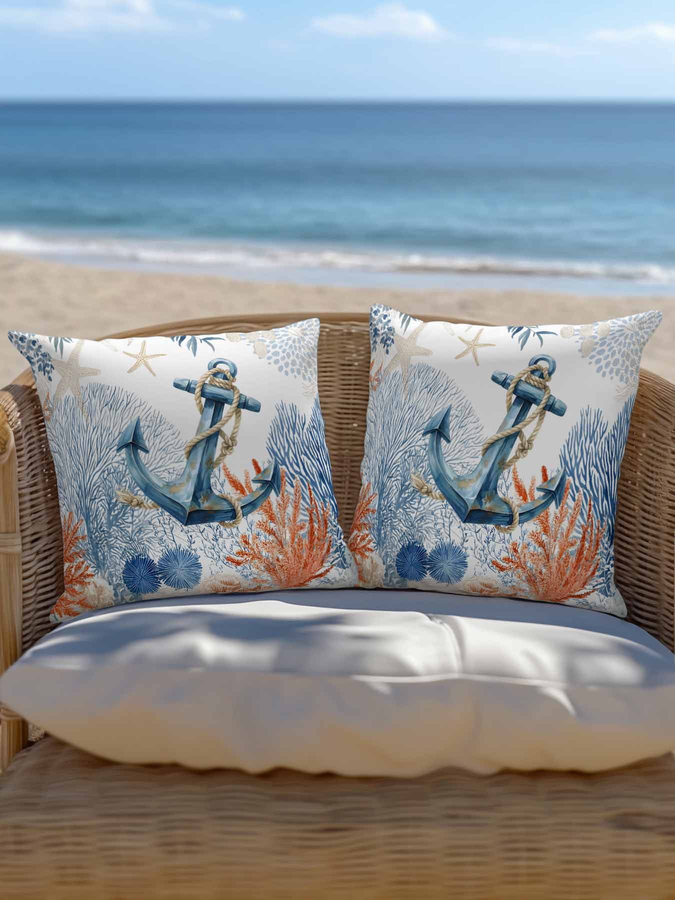 1 Pack Outdoor Throw Pillow, Nautical Anchor Waterproof Pillow with Insert Included, Blue Coastal Starfish Coral Leaves Decorative Accent Cushion Sofa Pillows for Patio Porch, 16 x 16 In
