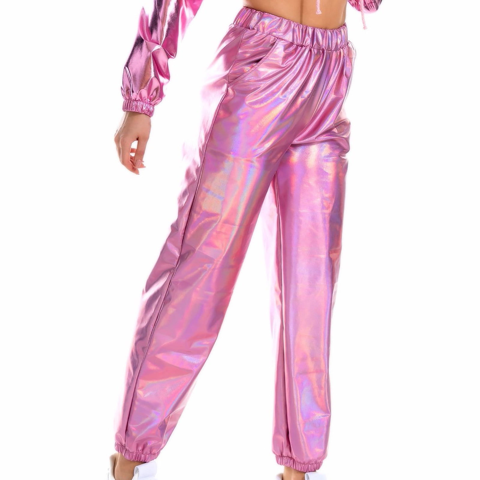 Womens Shiny Metallic High Waist Stretchy Jogger Pants Hip Hop Club Wear Holographic Trousers Sweatpant