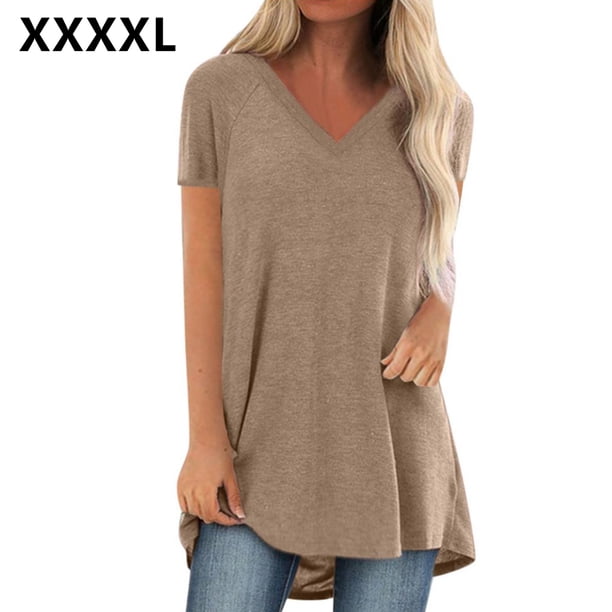 Camiseta casual con cuello en V superior para mujer, paño de verano suelto de lino de algodón, caqui, 4XL Scienceny AP001830-31