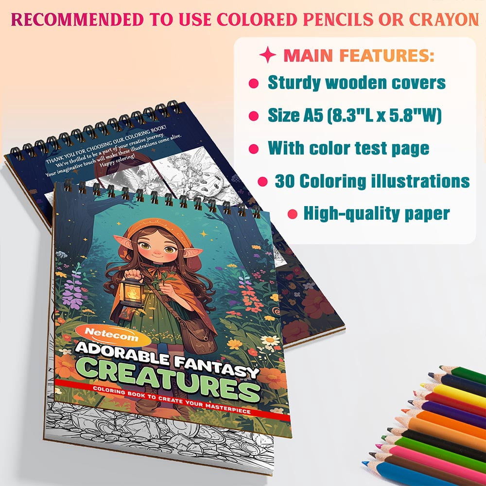 Netecom Adorable Fantasy Creatures Coloring Book Spiral Bound For Adults, A5 Wooden Cover, 30 Whimsical Coloring Pages of Cute Mythical Creatures for Stress Relief and Relaxation