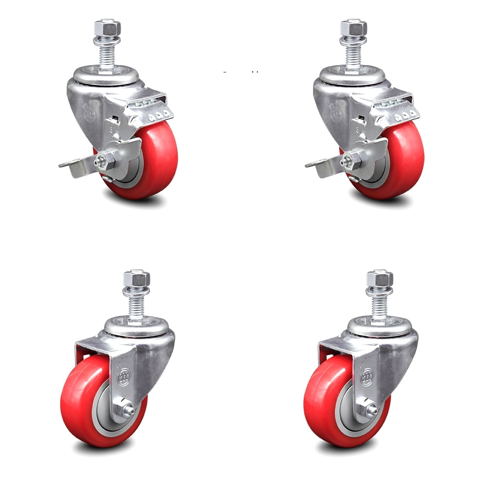 Caster Wheels 2 Swivel Casters 2 Swivel with Brake On Red Polyurethane Wheels 1200 Lbs 3 inch 4 Pack 