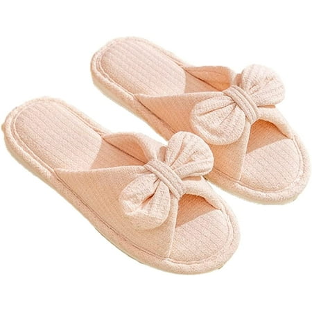 

CoCopeaunts Women s Slide Sandals Bowknot Knitted Cotton Slipper Lovely Girls Open Toe Sandals Summer Soft Thick Sole House Slippers