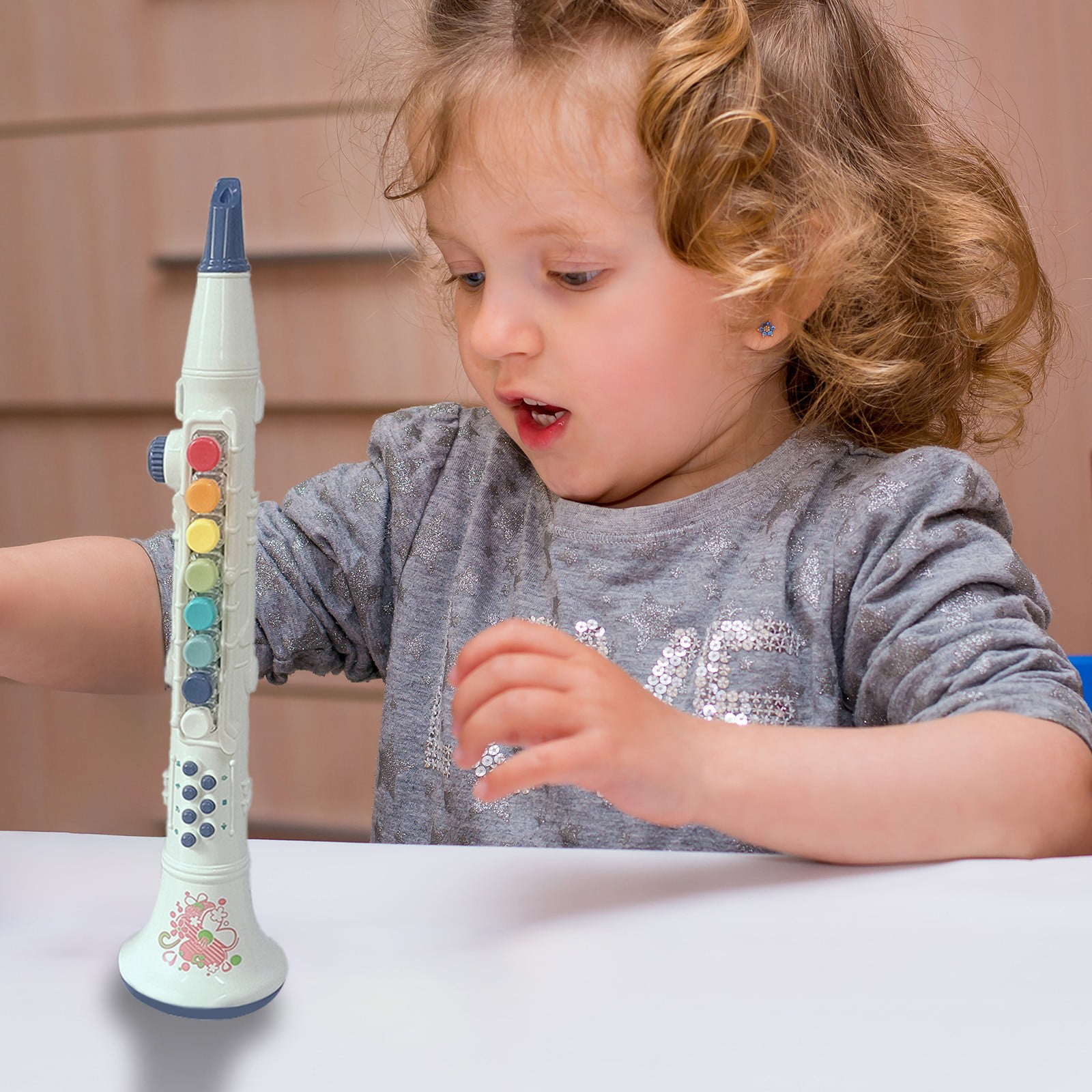 bxhwj Childrens Wind Instrument Toy, Simulation Clarinet with Light Effects and Sound, Educational Breathing Exercise Musical Toy, Kids Trumpet with Included Music Score Cards for Beginners