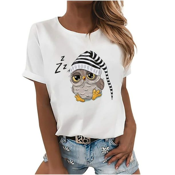 Blusa holgada de manga corta con cuello redondo y estampado a la moda para mujer Pompotops hfajkhk130201