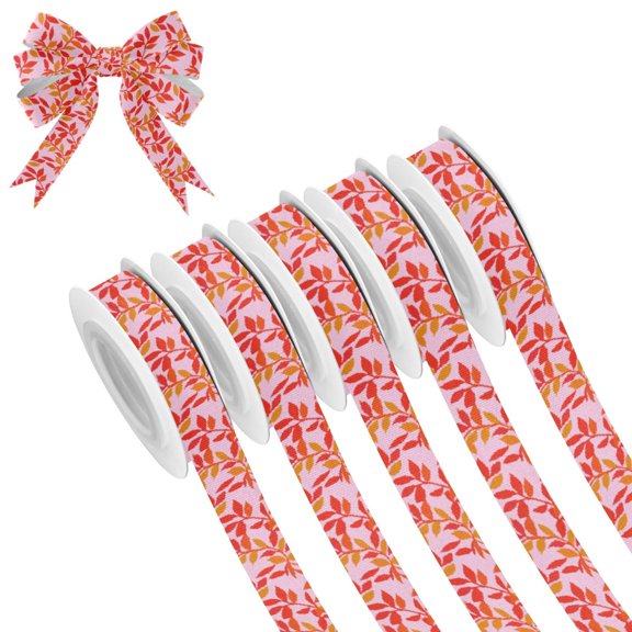 5 Rolls Christmas Ribbon 1.5 inch Wide Decorative Ribbon for Gift Wrapping and Holiday Decorations Red Leaf Pattern