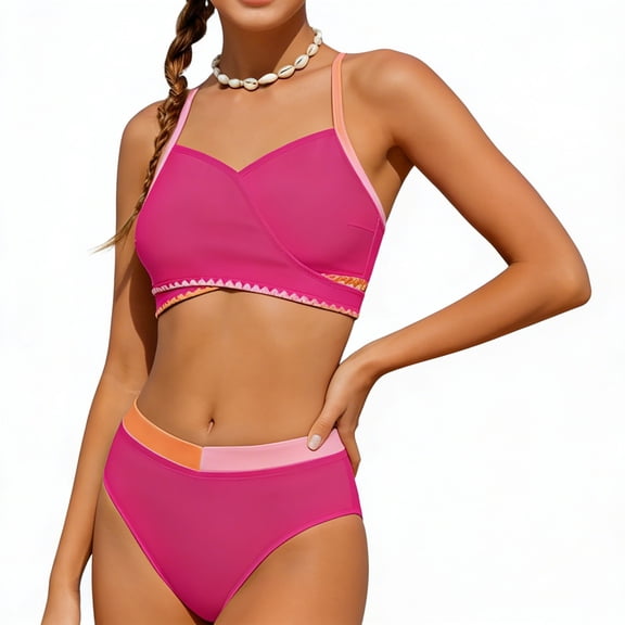 OSOLU Girls 2 Piece Bikini Swimsuits Color Block Adjustable Straps Padded Girls Bathing Suit For Kids Teens 7-16Y Soft Beachwear