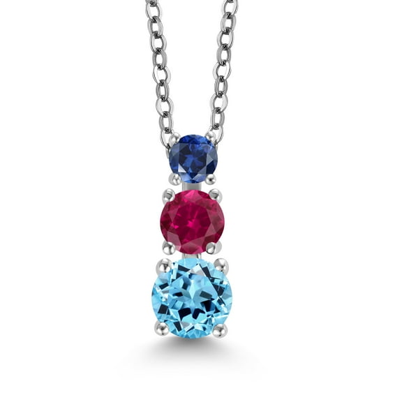 Gem Stone King Swiss Blue Topaz Red Created Ruby Blue Created Sapphire 3 Stone Pendant Necklace for Women (1.04 cttw, Gemstone Birthstone, Round 5MM, 4MM and 3MM, with 18 inch Chain)