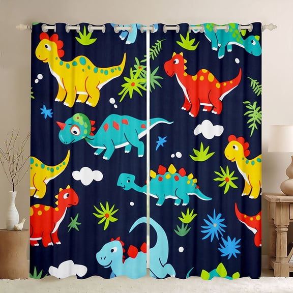 Feelyou Jungle Dino Black Out Curtains for Kids Boys Girls, Tropical Wildlife Curtains Pack of 2 (42x63 Each), Navy