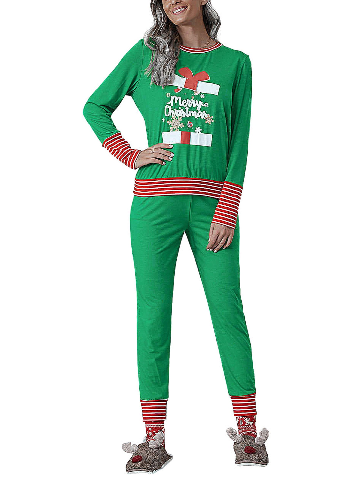 Avamo Plus Size Christmas Pajamas Set Womens Long Sleeve Printed ...
