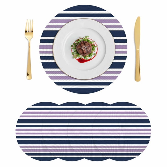 Navy Blue Purple Striped Round 15 Inch Placemats Set of 4, Gradient Horizontal Lines HeatResistant Non Slip Place Mats for Dining Table, Wipeable Braided Kitchen Table Mats for Housewarming