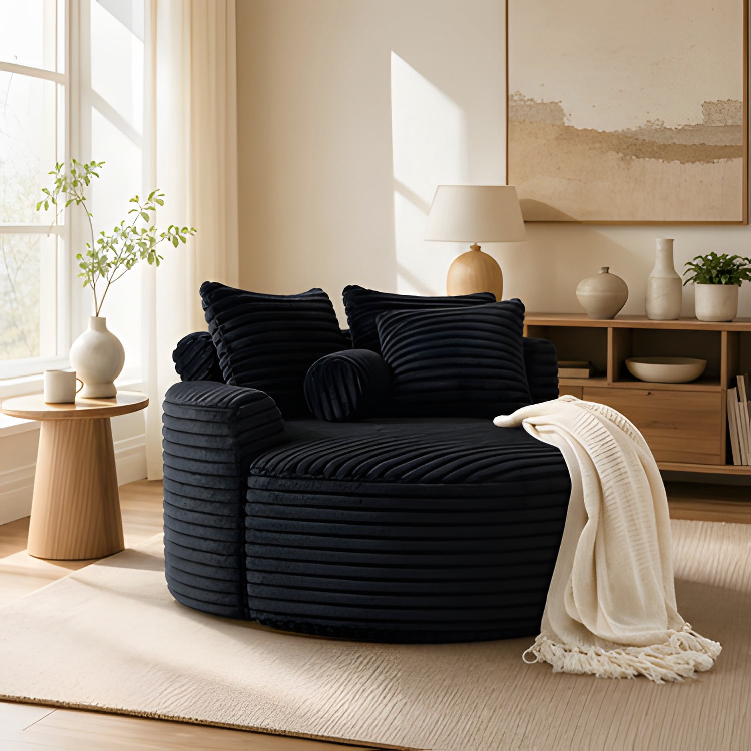 55"L Fluffy Corduroy Sponge Single Sofa Chair, No Assembly Required Modern Sleeper Chair with Cylindrical Headrest Pillow, Non-Swivel Leisure Lounge Chair for Living Room Bedroom Projection Room