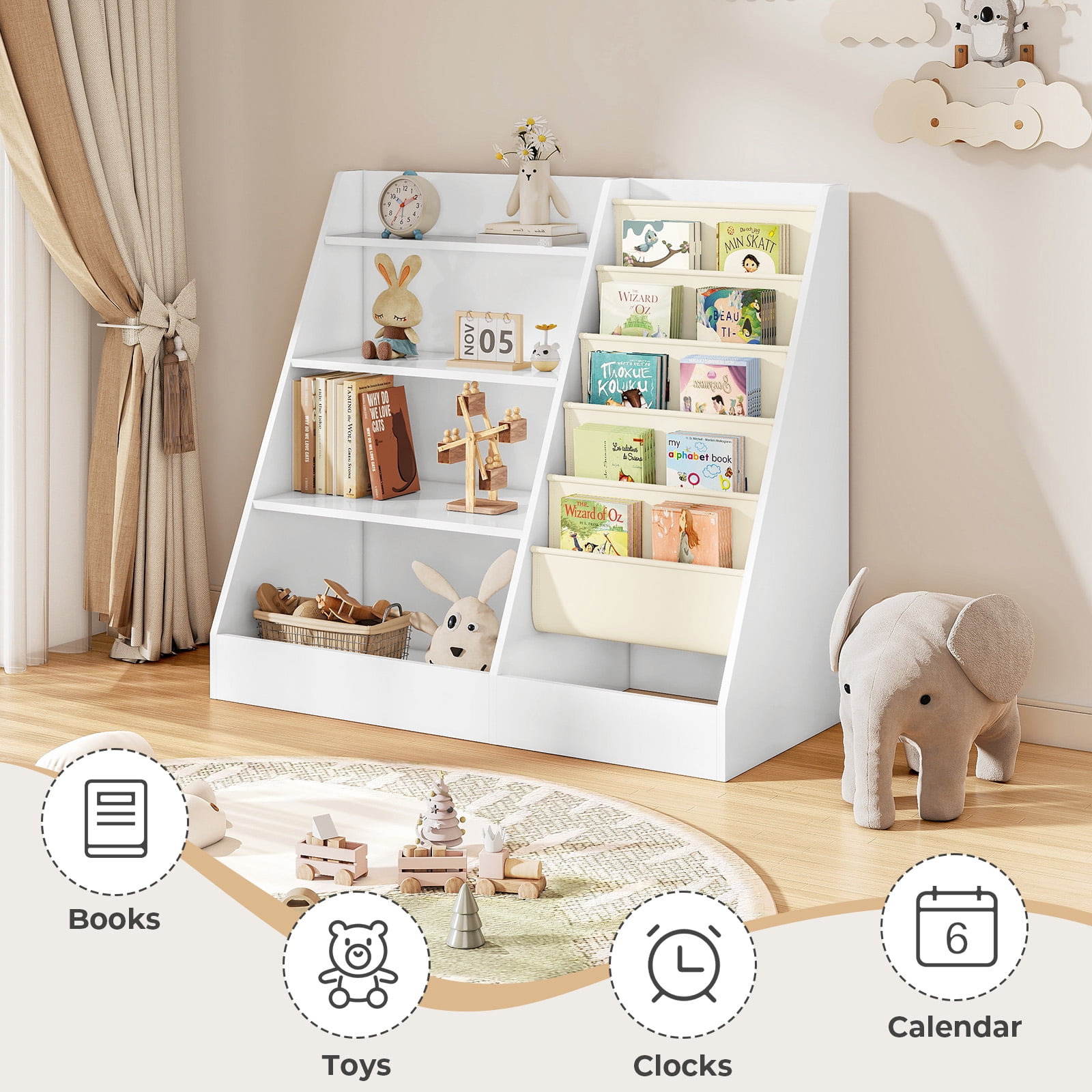 SUGIFT 4 Tier Kids Bookshelf, Kids Toy Organizer with 5 compartments, Bookcase for Children's Room, Playroom, White