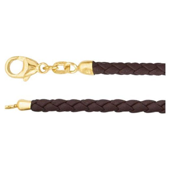 14k Yellow Gold Brwn Braided Leather Cord Necklace 18 In - 1.4 Grams