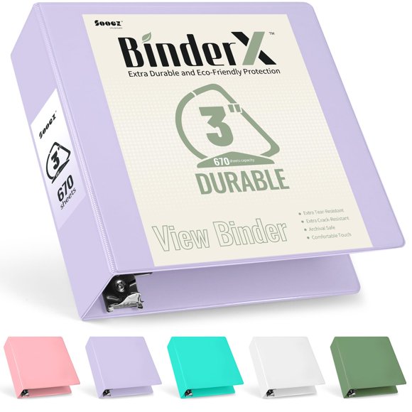 Binder Sooez BinderX, extra duradero, 7,6 cm, 3 anillos, color lavanda