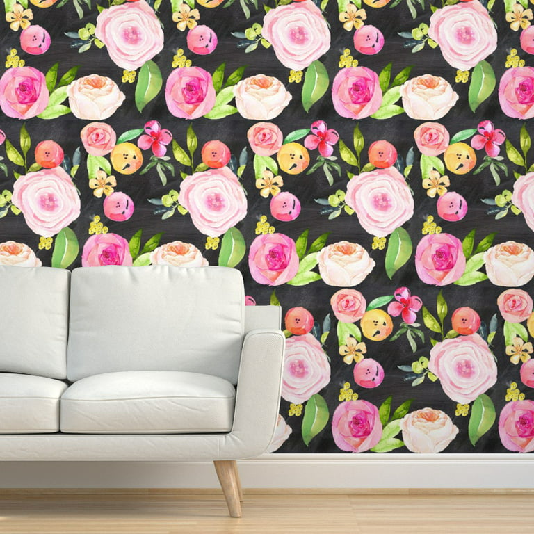 Pink Floral Hand Painted Wallpaper / Peel and Stick Wallpaper
