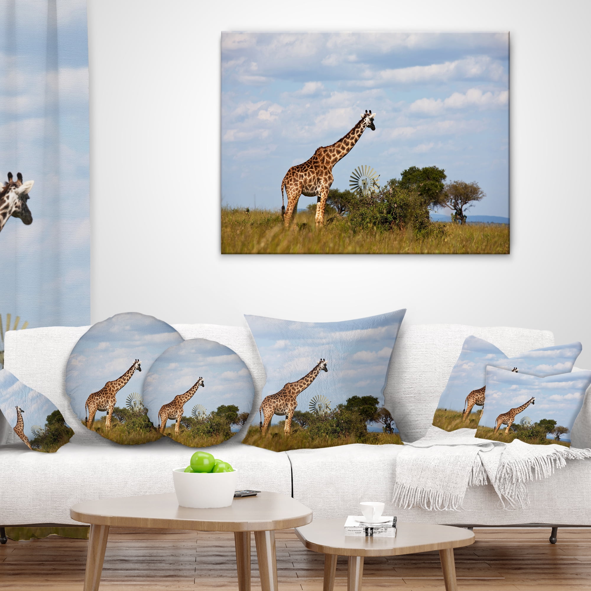 Designart Large Giraffe in Savannah - Landscape Printed Throw Pillow - 18x18