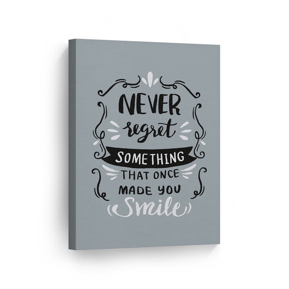 Smile Art Design Never Regret Something That Once Made You Smile Quote Vintage Hand Lettering Motivational Wall Art Canvas Print Inspirational Home Decor Ready to Hang Made in the USA- 12x8