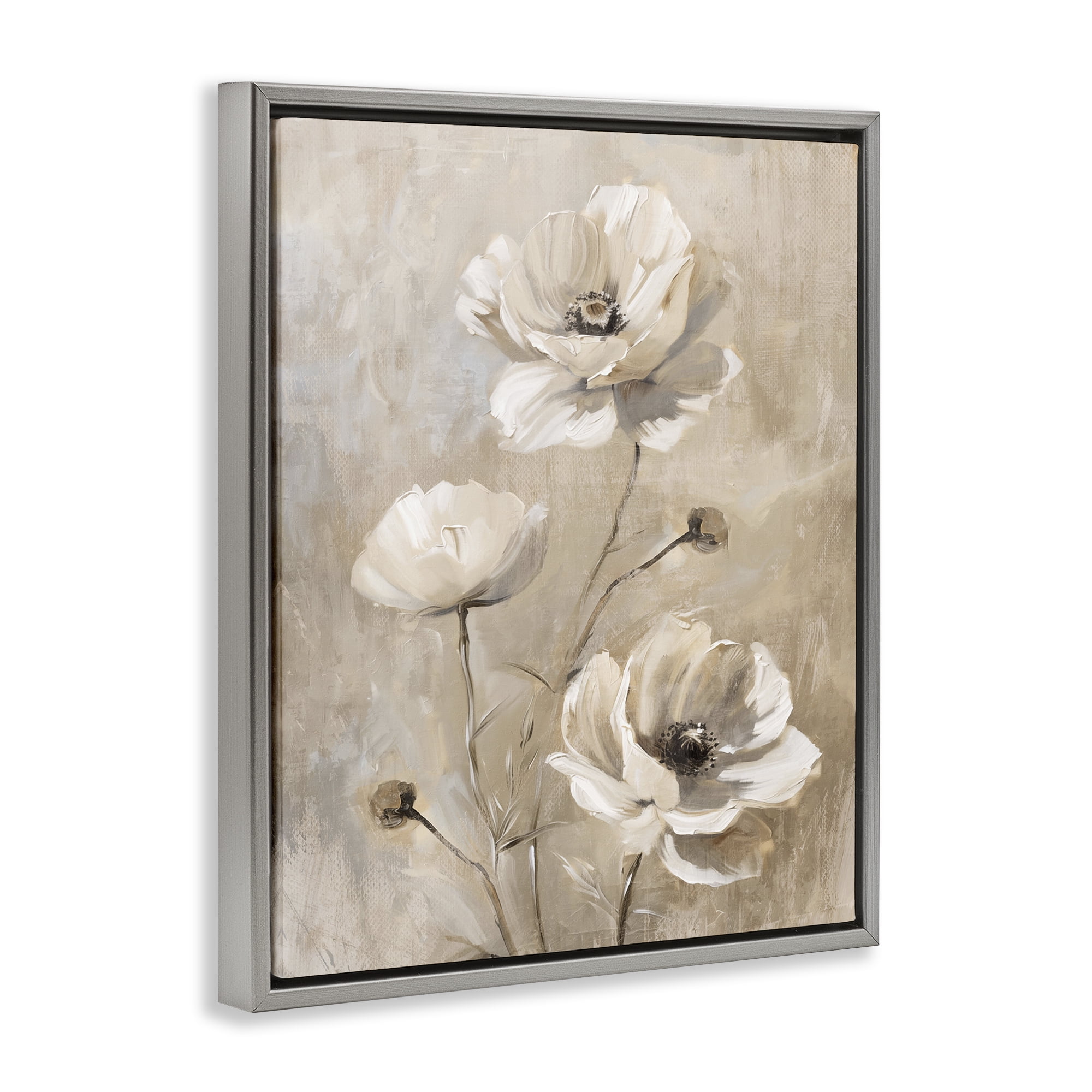 Stupell Industries Neutral Country Flora Plants & Flowers Painting Gray Floater Framed Canvas Art Print Wall Art, 17 x 21