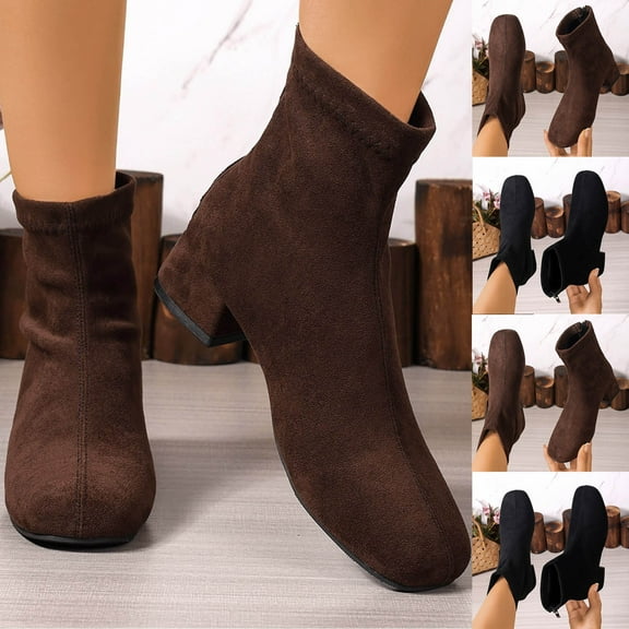Suede Boots for Women Chunky Mid Heel Square Toe Ankle Booties Fashion Casual Warm Comfortable Fall Winter Shoes for Women Brown 9