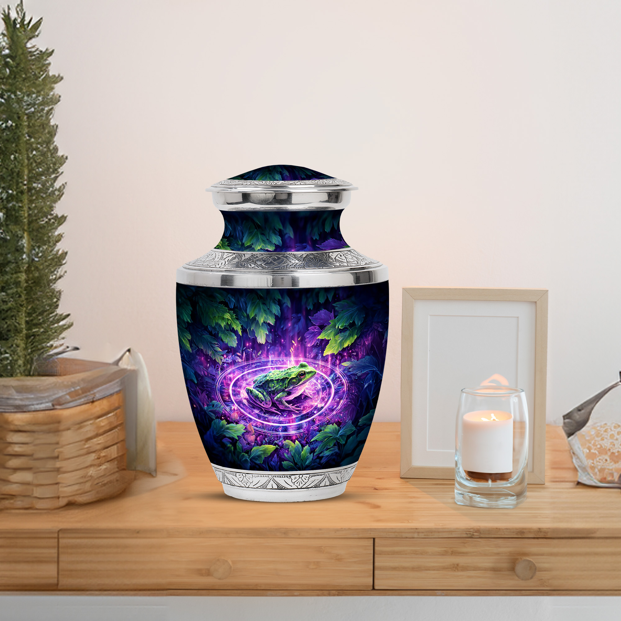 MUKTIVE Frog Memorial Urn for Human Ashes for Adult Cremation, Decorative Blue Urns for Mom Burial, Large Unique Green leaves Urns for Funeral, Cremation Urn for Men, 10 Inch