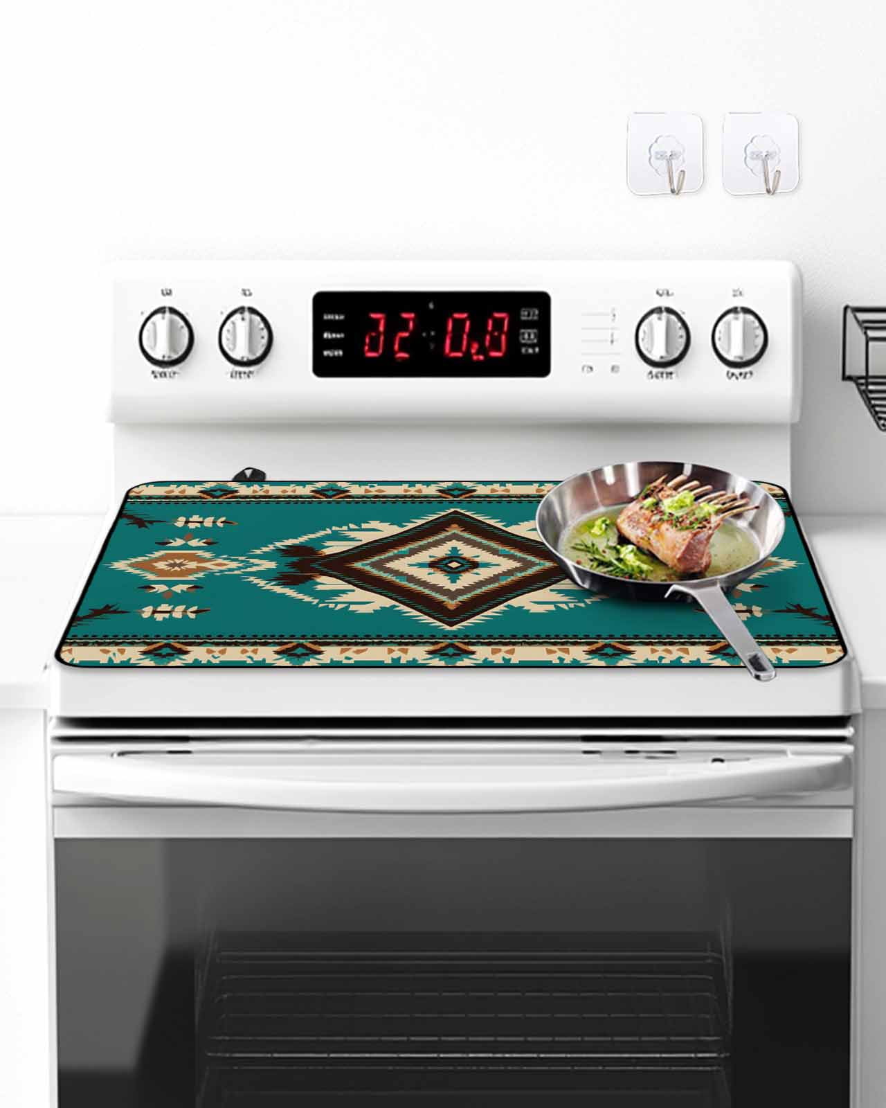 Stove Top Covers for Electric Stove, Green Southwestern Glass Stovetop Cover Protector, Vintage Boho Ethnic Geometric Induction Cooktop Protector Oven Mat for Kitchen Countertop 24"x21"