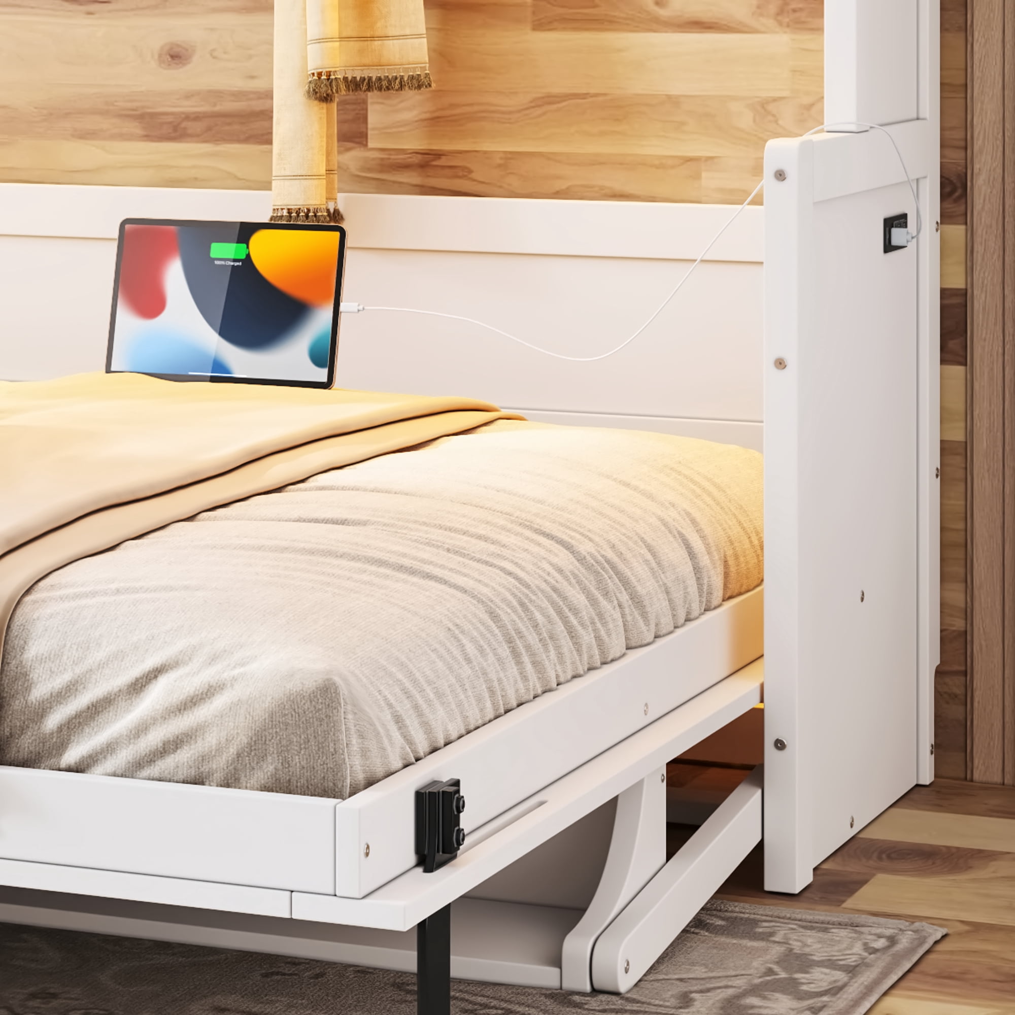 Leumius Queen Size Murphy Bed with Storage & Charging Station,Modern Murphy Cabinet with Desk,Multifunctional Storage Cabinet Bed with Foldable Panel for Guest Bedroom, Living Room, Office,White
