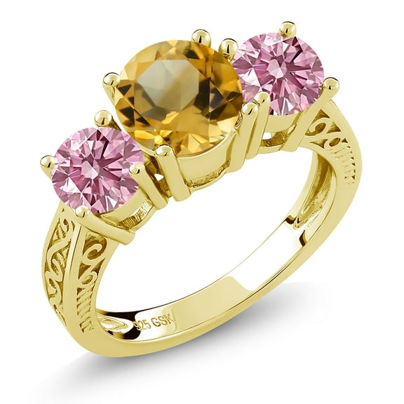 Gem Stone King 2.30 Ct Yellow Citrine Pink Lab Grown Diamond 18K Yellow Gold Plated Silver Ring (Size 6)