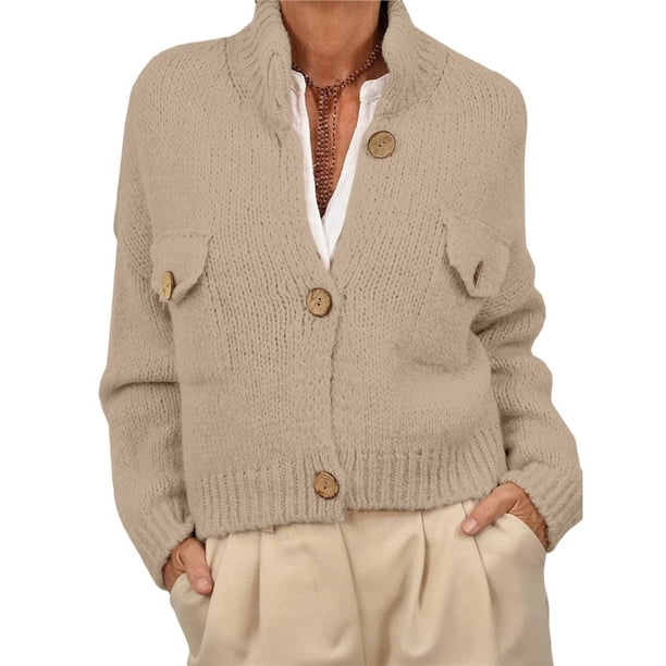 Chaquetas Tipo Suéter con Botones para Mujer, de Moda, con Cuello Alto, Larga, Holgadas, de Punto Grueso, Abrigos para Exteriores. Albaricoque L