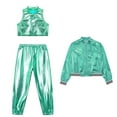 thumbnail image 3 of Alvivi 3Pcs Girls Hip Hop Clothes Set Performance Costumes Metallic Bomber Jacket Crop Top with Pants Set Blue Green 16, 3 of 5