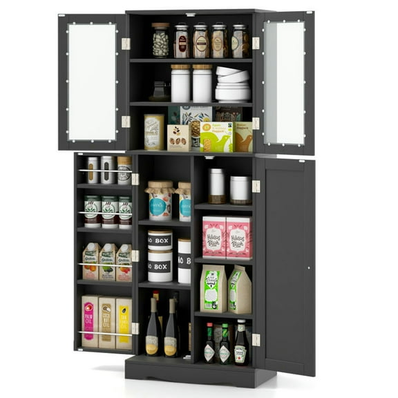 Topcobe Tall Kitchen Pantry Cabinet with Dual Tempered Glass Doors and Shelves, Storage Cabinets for Living Room-Black