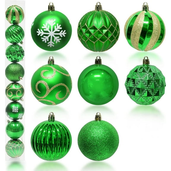 Green Christmas Ball Ornaments -70mm/2.76" Large Glitter Pastic Christmas Ball Ornaments Xmas Tree Decoration Delicate Hanging Ornaments, Set of 8 Assorted