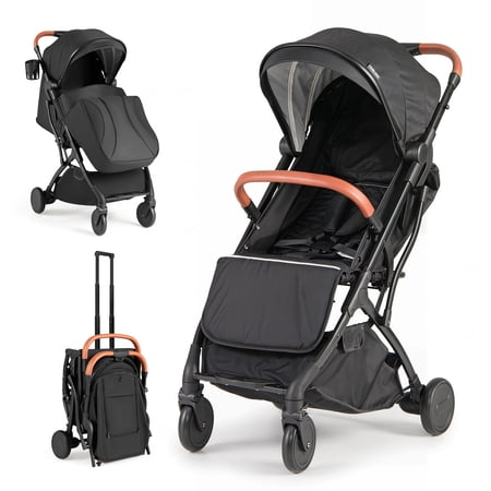 ELLEGNT Baby Stroller, Lightweight Portable Kids Stroller with One-Hand Fold, Adjustable Backrest, Extendable Canopy, Footmuff, Storage Basket and Cup Holder for Newborns and Toddlers in Black