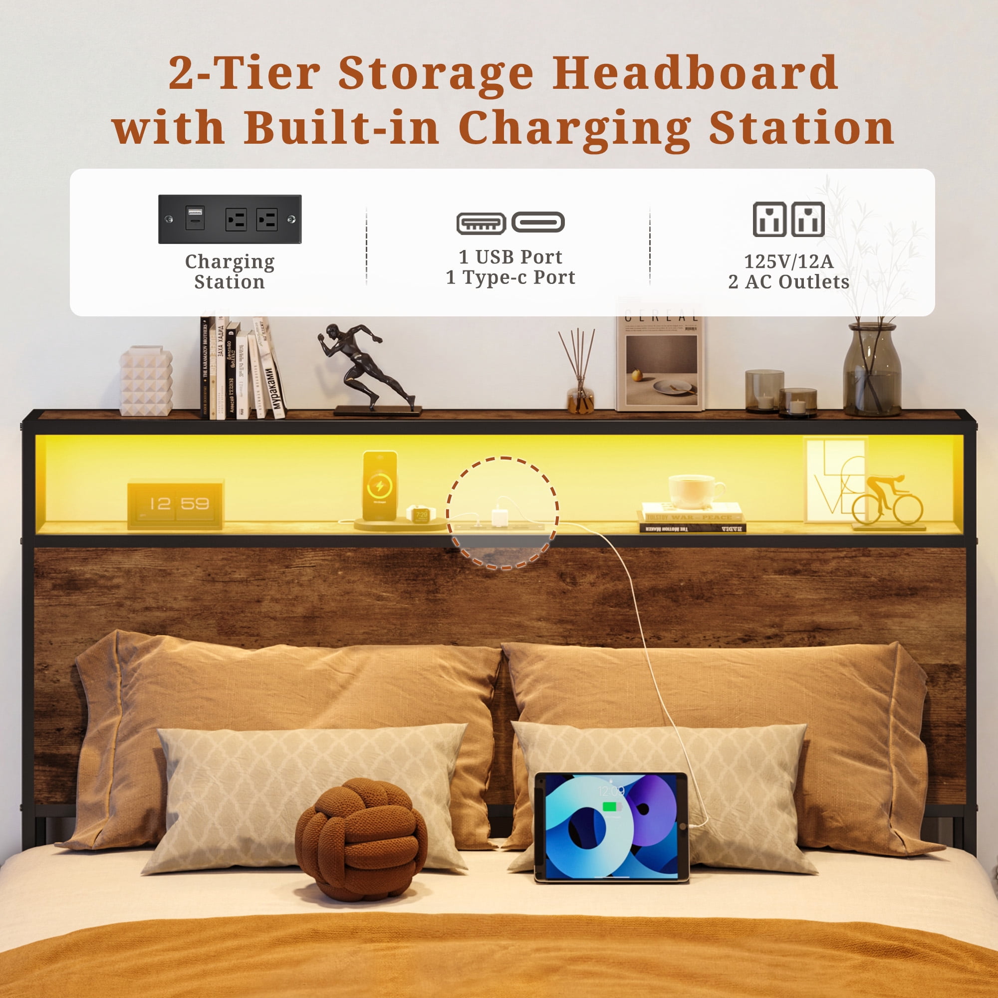 Bolvdo Full Size Bed Frame with Bookcase Headboard, Charging Station & Storage Drawers, Heavy-Duty Metal Support, Vintage Brown