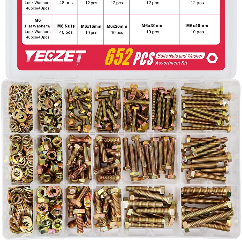 YEEZET 652PCS M4 M5 M6 Hex Screws Sets Heavy Duty Bolts and Nuts Flat Lock  Washers Assortment Grade 8.8 Kit Includes 13 Sizes