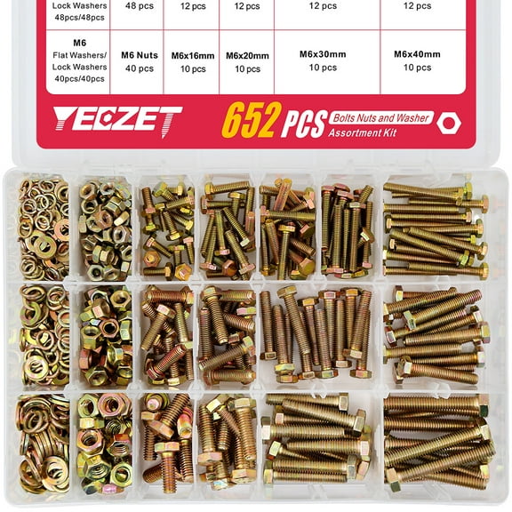 YEEZET 652PCS M4 M5 M6 Hex Screws Sets Nuts and Bolts Flat Lock Washers Assortment Grade 8.8 Includes 13 Sizes
