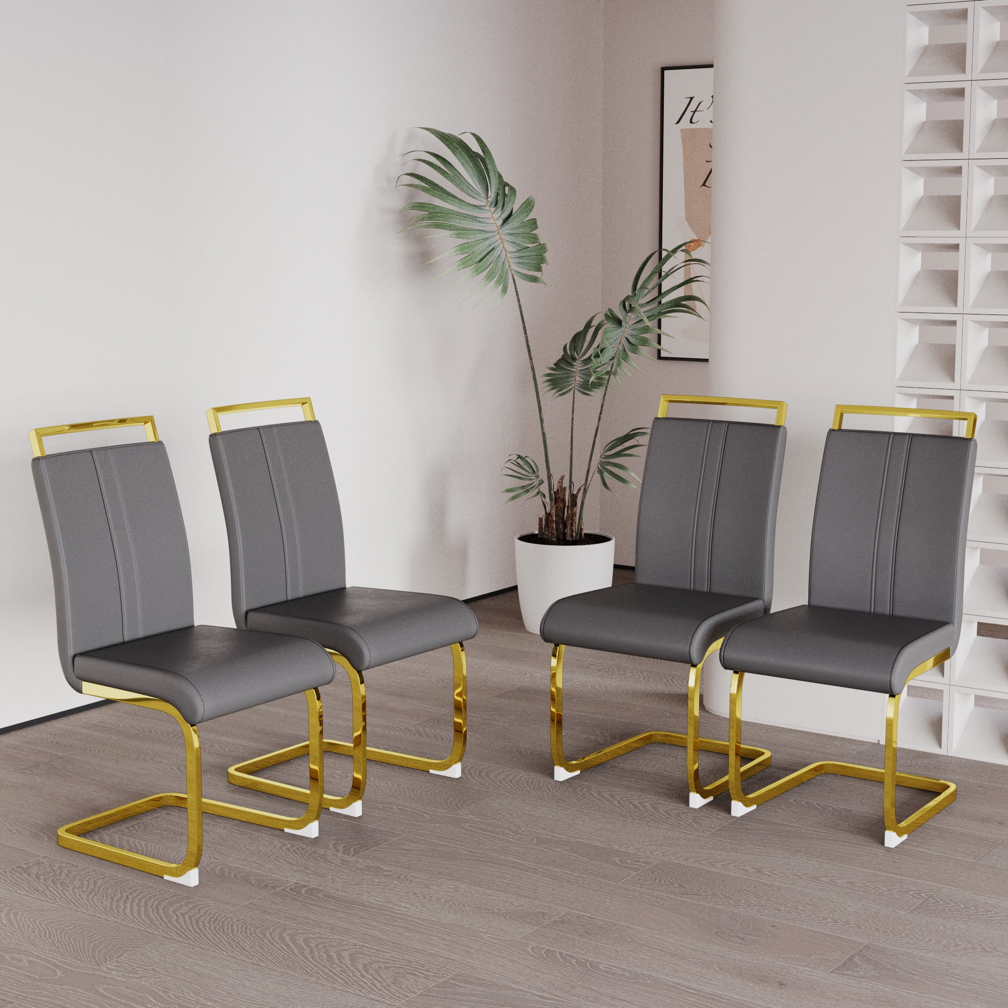 Dining Chairs Set of 4 PU Leather High Back Upholstered Chairs with Gold Metal Legs for Home Kitchen Dining Room Patio, Grey