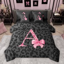 Manfei Fashion Leopard Print Bedding Comforter Set 7 Pieces for Women, Princess Ribbon Bowknot Full Bedding Set, Black Pink Cartoon Reversible Fitted Sheet Flat Sheet, Microfiber Bedroom Decor
