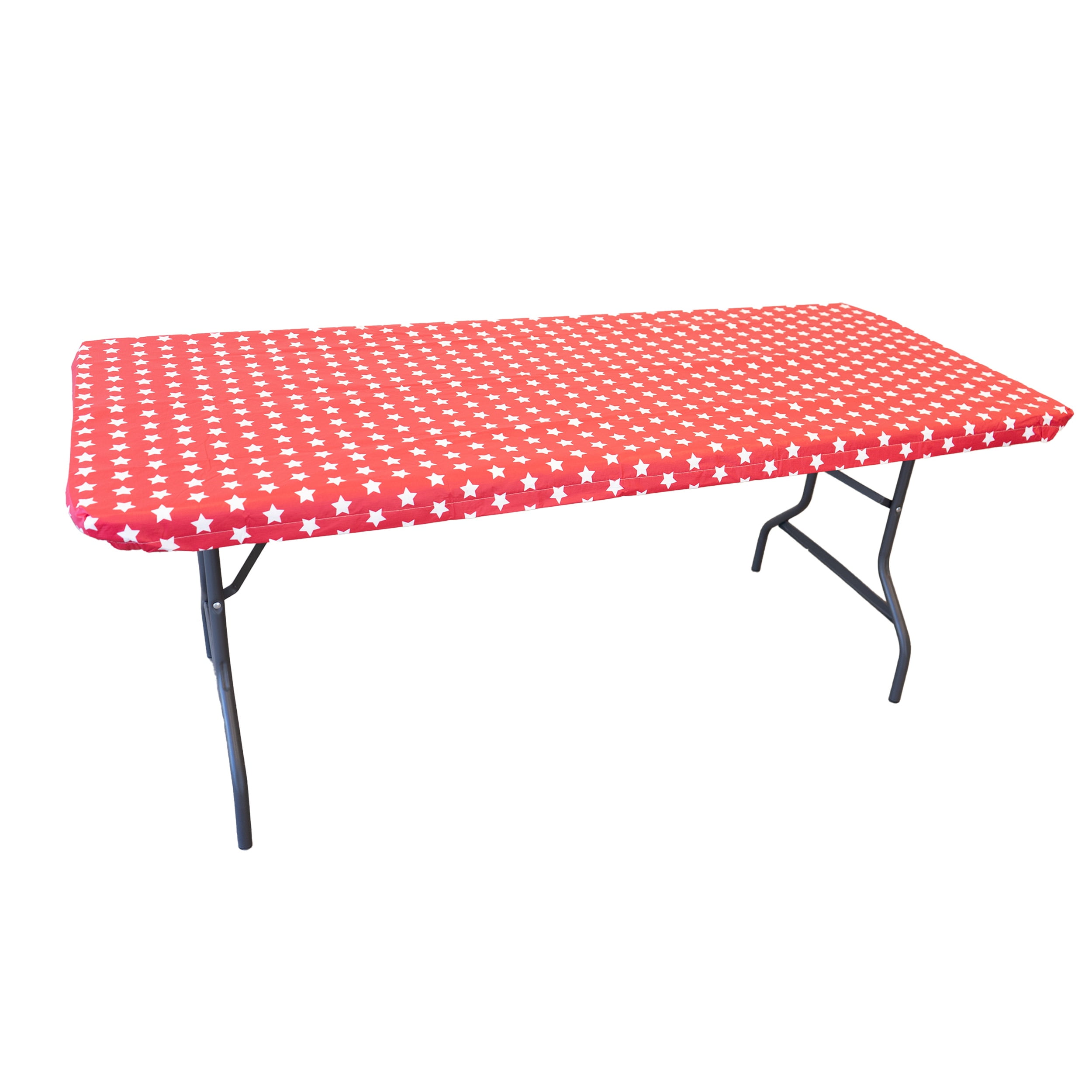 Waverly Inspirations Rectangular Elastic Fitted Table Cover Waterproof Vinyl Tablecloth With Flannel Backing, 6Ft Table, 72" x 30", White Stars With Red Base, 1 PK