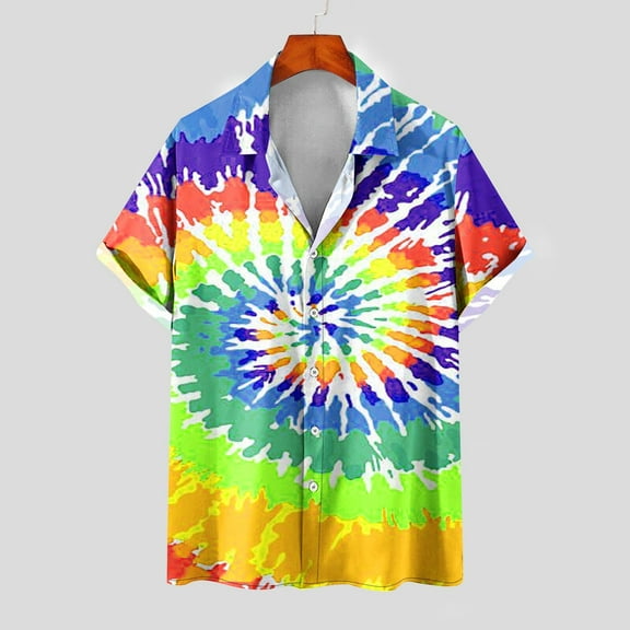 Zynviq Mens Tee Shirt Short Sleeve Button Down Boho Lighweight Tie Dye Shirts Trendy Mens Tops L