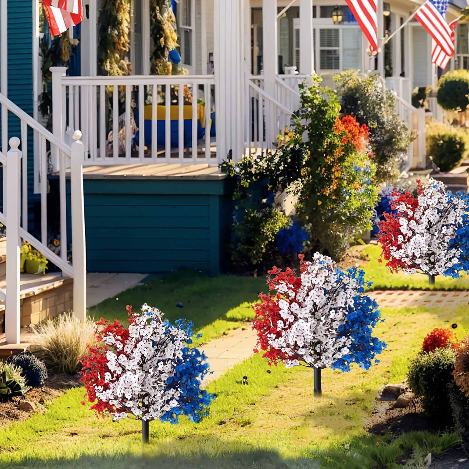 4 of July Decorations, 13.8x20.1inch Red White and Blue Artificial Flowers for Outdoors Ground Insertion, Independence Day Themed Ornament for Garden, Yard Home Decor