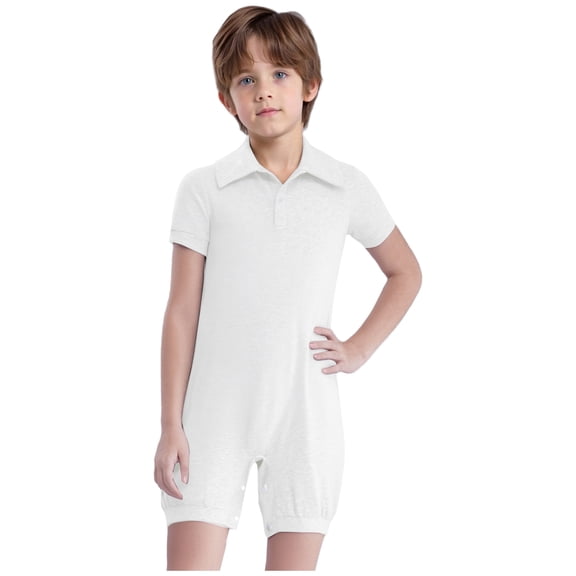 Sholeno Boys Girls One Piece Special Needs Adaptive Clothing Short Sleeve Romper Easy Dressing Short Leg Jumpsuit White 14
