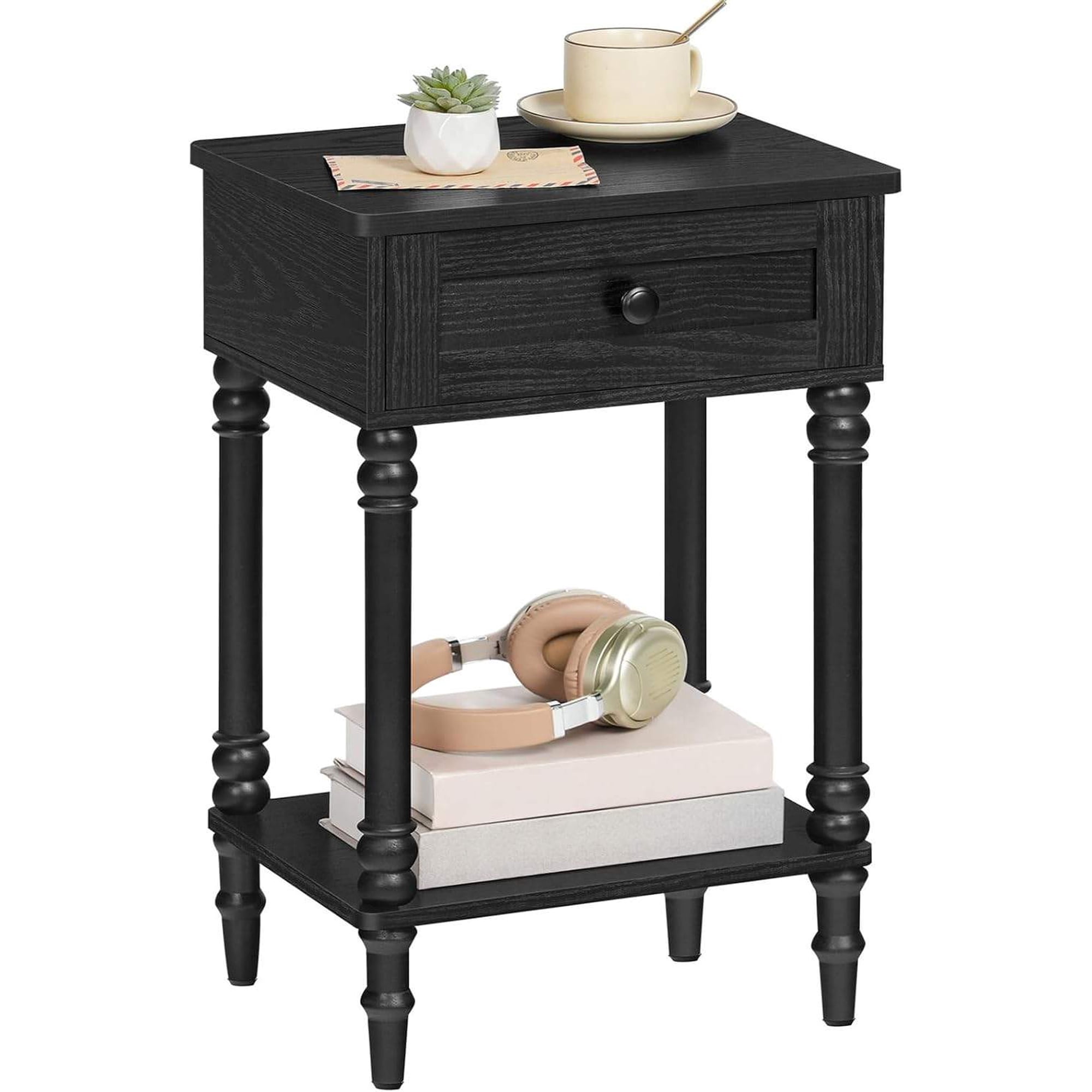 Modern Nightstand with Drawer and Open Shelf Wood-Legged Bedside Table