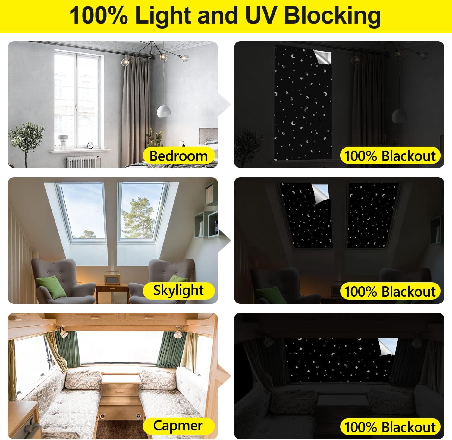 100% Blackout Window Cover Film, Portable Black Out Curtains for Bedroom, Cuttable Blackout Shades Fabric Sheet, No Drill Window Blinds, Sun Heat Light Blocker for Travel Media Dorm, 57'' W